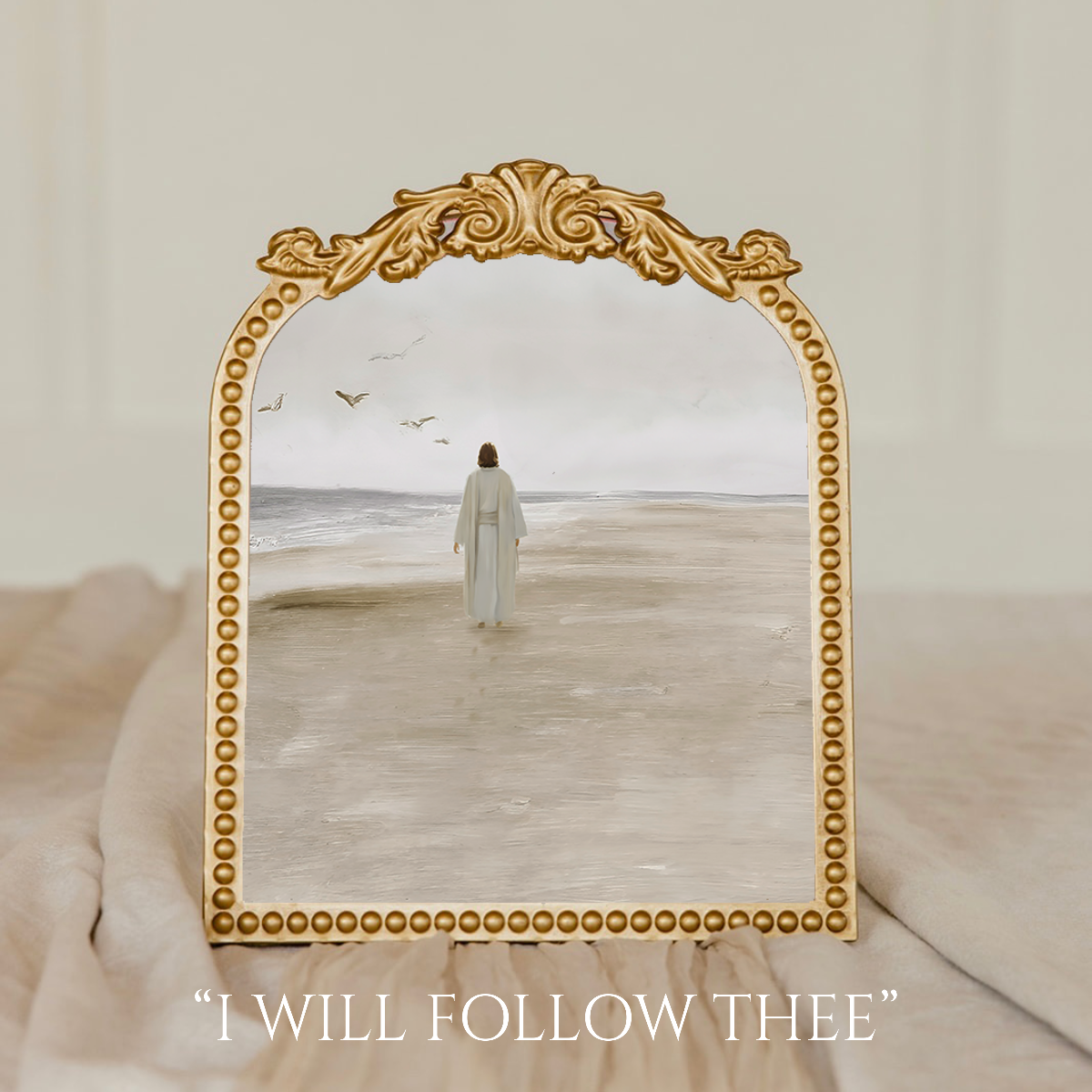 'I will follow thee' print in vintage floral frame